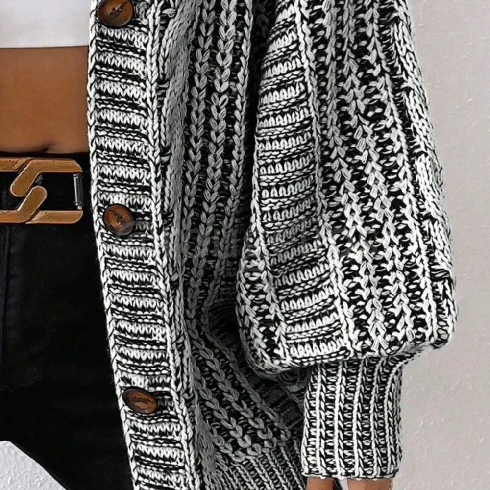 Oversized Grey Cable Knit Cardigan Long Sleeves Hip Length Buttoned - Picture 8 of 16